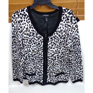 White House Black Market White Cheetah Leopard Sweater Full Zip Cardigan Size XL